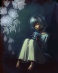  bad_id bad_pixiv_id barefoot closed_eyes eyelashes feet flower frozen hebino_(snake_nest) highres ice petals pigeon-toed rose short_hair silver_hair sitting solo thorns trickster 