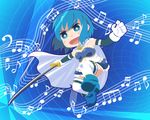  aka-kabuto_no_gema armband blue_eyes blue_hair cape chibi gloves magical_girl mahou_shoujo_madoka_magica miki_sayaka musical_note open_mouth short_hair smile solo staff_(music) sword thighhighs weapon zettai_ryouiki 