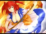  breasts cleavage dress flower grin hair_bobbles hair_ornament large_breasts onozuka_komachi red_eyes red_hair scythe short_hair smile solo spider_lily touhou two_side_up yude 