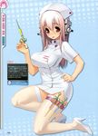  :d absurdres blush breasts hand_on_hip hat headphones high_heels highres large_breasts long_hair nitroplus nurse nurse_cap open_mouth pink_eyes pink_hair shoes smile solo super_sonico syringe thigh_strap thighhighs tsuji_santa 