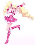  \m/ arm_up blonde_hair boots bow choker cure_peach dress eyelashes fresh_precure! full_body hair_ornament hairpin heart heart_hair_ornament knee_boots long_hair magical_girl momozono_love pink_bow pink_choker pink_eyes pink_footwear precure smile solo standing standing_on_one_leg tana_(cure-aqua) twintails 