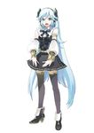  1girl ankle_boots armlet bangs black_legwear blue_eyes blue_hair boots bow detached_sleeves headset long_hair microphone official_art open_mouth ring_suzune skirt solo thighhighs very_long_hair vocaloid wrist_cuffs 