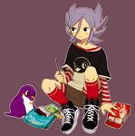  bad_id bad_pixiv_id bird chocolate eating inazuma_eleven inazuma_eleven_(series) inazuma_eleven_go male_focus manmo01 miyabino_reiichi penguin purple_hair saliva shirt shoes sitting sneakers socks solo spiked_hair striped striped_shirt 