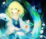  animal blonde_hair blue_dress blue_eyes dress faux_traditional_media flower forest hair_ribbon highres jewelry long_sleeves mishaguji moemoe3345 moriya_suwako mushroom nature necklace no_hat no_headwear oversized_animal pendant ribbon shirt sitting snake soaking_feet solo touhou water water_yoyo wind_chime 