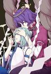  closed_eyes detached_sleeves frog green_hair hair_ornament hairband kochiya_sanae leaf long_hair multiple_girls necktie purple_hair rope sakuraba_yuuki shimenawa short_hair skirt touhou yasaka_kanako 