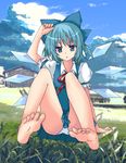  bare_legs barefoot blue_eyes blue_hair bow cirno feet flat_chest panties regnad solo striped striped_panties touhou underwear upskirt wings 