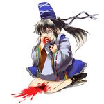  bad_id bad_pixiv_id blood commentary_request coughing_blood covering_mouth dress grey_eyes grey_hair hachi_(8bit_canvas) hand_over_own_mouth hat highres japanese_clothes kneeling mononobe_no_futo ponytail short_hair solo sweat tate_eboshi touhou 