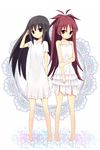  akemi_homura amano_kouki bare_shoulders barefoot black_hair hair_tucking highres holding_arm long_hair magical_girl mahou_shoujo_madoka_magica multiple_girls no_legwear ponytail red_eyes red_hair sakura_kyouko skirt smile white_skirt 