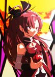  apple bare_shoulders bow food fruit hair_bow holding holding_food holding_fruit long_hair magical_girl mahou_shoujo_madoka_magica mesushirindaa official_style ponytail red_eyes red_hair sakura_kyouko solo stained_glass 