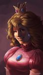  80s absurdres big_hair blonde_hair blue_eyes carolyn_laplante dress earrings elbow_gloves gloves highres jewelry long_hair mario_(series) oldschool pink_dress princess_peach realistic smile solo super_mario_bros. upper_body 