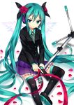  aqua_eyes aqua_hair bad_id bad_pixiv_id black_legwear blazer boots flower gun hair_flower hair_ornament hair_ribbon handgun hatsune_miku headphones highres holding holding_gun holding_weapon jacket koi_(koisan) long_hair long_sleeves microphone microphone_stand necktie petals pistol pleated_skirt red_flower red_rose ribbon rose shirt sitting skirt solo striped striped_shirt thigh_boots thighhighs tsurime twintails very_long_hair vocaloid weapon white_background wing_collar wings 