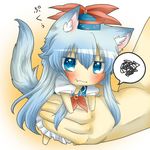  :t animal_ears bad_id bad_pixiv_id blue_dress blue_eyes blue_hair blush dog_ears dog_tail dress fang hat in_palm kamishirasawa_keine kemonomimi_mode long_hair minigirl out_of_frame pout rebecca_(keinelove) shirt solo_focus spoken_squiggle squiggle tail touhou translated very_long_hair 