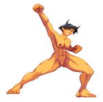  1girl armpits black_hair capcom clenched_teeth lowres makoto makoto_(street_fighter) muscle nude pixel_art pussy short_hair simple_background solo street_fighter street_fighter_iii street_fighter_iii:_3rd_strike teeth uncensored 