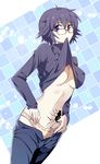  bad_id bad_pixiv_id blue blue_eyes blue_hair breasts bug denim glasses hunter_x_hunter jeans large_breasts lifted_by_self long_sleeves looking_at_viewer messy_hair mouth_hold no_bra panties pants pants_pull pico_(picollector79) pulled_by_self shirt shirt_lift shizuku_(hunter_x_hunter) short_hair solo spider tattoo turtleneck underwear undressing unzipped white_panties 