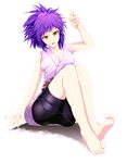  barefoot between_toes bike_shorts breasts cleavage feet female highres hunter_x_hunter infinote machi_(hunter_x_hunter) open_mouth ponytail purple_hair solo toes yellow_eyes 