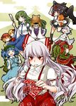  aki_minoriko aki_shizuha animal_ears armpits backpack bag black_hair black_wings blonde_hair blue_eyes blue_hair bow breasts brown_eyes camera clenched_teeth cloud cucumber detached_sleeves dress food frills frog from_behind fruit fujiwara_no_mokou geta gohei grapes green_eyes green_hair hair_bobbles hair_bow hair_ornament hair_tubes hat implied_pantyshot inubashiri_momiji kagiyama_hina kawashiro_nitori key kikuichi_monji kochiya_sanae leaf leaf_on_head long_hair looking_at_viewer maple_leaf medium_breasts moriya_suwako mountain_of_faith multiple_girls navel ofuda onbashira one_eye_closed open_mouth orange_eyes pocket pointy_ears red_eyes ribbon shaded_face shameimaru_aya sharp_teeth shawl short_hair siblings silver_hair sitting sleeves_rolled_up smile snake suspenders tail teeth tokin_hat tongue touhou very_long_hair wings wolf_ears wolf_tail wrench yasaka_kanako 