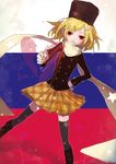  bad_id bad_pixiv_id black_legwear blonde_hair boots finger_gun flag_background fur_hat hair_ornament hairclip hat headphones highres jacket kagamine_rin kairinn0952 knee_boots pointing psycho-puzzle red_eyes russian_flag scarf skirt solo star thighhighs vocaloid 