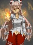  bad_id bad_pixiv_id bow cigarette fire fujiwara_no_mokou hair_bow hand_in_pocket jenny_(151) long_hair navel pants red_eyes solo suspenders touhou 
