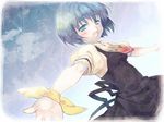  air bad_id bad_pixiv_id blue_hair foreshortening green_eyes kirishima_kano kodamasawa_izumi outstretched_arms ribbon school_uniform short_hair solo 