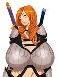  armor breasts brown_eyes brown_hair huge_breasts long_hair sword tatoo tattoo weapon 