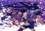  1boy 1girl bike_shorts black_hair brown_eyes chains elbow_gloves female fingerless_gloves gloves half_mask hattori_hanzo kunai kunoichi_(sengoku_musou) long_hair male mask miniskirt ninja nokekita ponytail scarf sengoku_musou shorts skirt thighhighs twintails weapon yukitada 