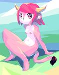  bovine buffalo_bell cub female grass hair horn komimi looking_at_viewer mammal mascot nude pink_eyes pink_hair sitting solo young 
