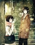  1girl bag blush breath brown_eyes brown_hair coat no.6 official_art open_mouth safu scarf shion_(no.6) short_hair snow stairs toggles toi8 