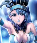  arm_up armpits bare_shoulders blue_eyes blue_hair blue_lipstick blue_rose_(tiger_&amp;_bunny) breasts cleavage crystal_earrings earrings elbow_gloves eyeshadow gloves hat jewelry karina_lyle large_breasts lips lipstick makeup rakujin solo tiger_&amp;_bunny 