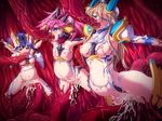  3girls anal blonde_hair blue_eyes blue_hair clench_teeth double_penetration forced game_over pink_hair pregnant rape red_eyes restrained tentacle tentacle_pit torn_clothes vaginal 