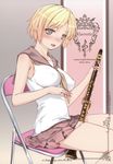  absurdres bare_shoulders between_legs blonde_hair blush breasts brown_eyes clarinet covered_nipples highres instrument large_breasts ooji open_mouth original school_uniform short_hair sitting skirt smile solo tongue 