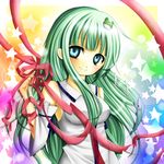  bangs blunt_bangs breasts detached_sleeves frog frog_hair_ornament green_eyes green_hair hair_ornament happy_birthday harukaruha kochiya_sanae long_hair medium_breasts ribbon solo star starry_background touhou upper_body 