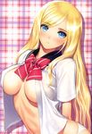  absurdres arched_back arms_behind_back blonde_hair blue_eyes blush bow breasts breasts_apart cleavage highres large_breasts long_hair looking_at_viewer midriff no_bra open_clothes open_shirt original panties plaid plaid_background school_uniform shirt solo tanaka_takayuki underwear white_panties 