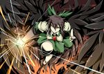  arm_cannon bad_id bad_pixiv_id black_wings bow brown_hair givuchoko glowing glowing_weapon green_bow hair_bow long_hair reiuji_utsuho shirt skirt slit_pupils smile solo third_eye touhou very_long_hair weapon wings yellow_eyes 