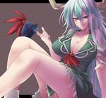 bad_id bad_pixiv_id breasts cleavage ex-keine green_hair horns kamishirasawa_keine large_breasts legs long_hair red_eyes solo thighs touhou very_long_hair yude 