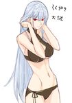  bikini black_bikini breasts cleavage_cutout cowboy_shot groin halterneck hands_in_hair large_breasts long_hair navel red_eyes selvaria_bles senjou_no_valkyria senjou_no_valkyria_1 side-tie_bikini silver_hair solo standing swimsuit tetsu_(kimuchi) translation_request underboob 
