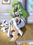  barefoot bdsm bondage bound c.c. cc code_geass female food gag green_hair long_hair pizza rope solo straitjacket tied tied_up yellow_eyes 