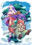  1other :d androgynous angela_(seiken_densetsu_3) breasts crossover feathers full_body gem green_eyes hair_ornament hairpin happy hat highres imahia leotard long_hair medium_breasts open_mouth oversized_clothes pink_leotard popoi purple_hair red_hair red_leotard robe seiken_densetsu seiken_densetsu_2 seiken_densetsu_3 shoes smile wand yellow_eyes 