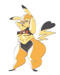  2018 absurd_res anthro breasts camel_toe clothed clothing cosplay_pikachu female hands_behind_head hi_res midriff nintendo pikachu pikachu_libre pok&eacute;mon pok&eacute;mon_(species) simple_background slb slightly_chubby standing sweat sweatdrop under_boob video_games white_background wrestler 