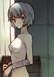  ayanami_rei bandages blue_hair breasts glasses holding holding_eyewear looking_at_viewer medium_breasts navel neon_genesis_evangelion nipples nude red_eyes short_hair solo zama_masaaki 