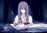  alternate_hair_color alternate_hairstyle bad_id bad_pixiv_id blue blue_hair closed_eyes dress fujiwara_no_mokou hair_down hand_on_head kamishirasawa_keine kuroda multiple_girls no_hat no_headwear purple_hair serious staring touhou water white_dress 