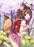  1girl :d animal_ear_fluff animal_ears artist_name backpack bag bangs blurry blurry_background blush brown_footwear brown_hair commentary_request day eyebrows_visible_through_hair fang fox_ears fox_tail frilled_legwear from_side highres long_hair no_pupils open_mouth original outdoors panties petals pink_sailor_collar pink_skirt pleated_skirt puffy_short_sleeves puffy_sleeves purple_eyes randoseru sailor_collar school_uniform serafuku shiny shiny_hair shirt shoes short_sleeves skirt skirt_lift smile socks solo standing standing_on_one_leg striped striped_panties tail tail_lift tree underwear usagihime white_legwear white_shirt 
