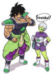  1boy 1girl absurdres alien belt biceps black_hair boots bracer breasts broly_(dragon_ball_super) cheelai clothes_pull dragon_ball dragon_ball_super dragon_ball_super_broly full_body gloves green_skin hand_on_hip highres muscle pants pelt purple_pants satousatotototo scar scouter short_hair shorts simple_background sleeveless smile spiked_hair standing white_background white_gloves 