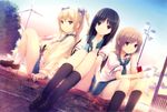  3girls black_eyes black_hair black_legwear blonde_hair bow brown_hair cardigan cellphone coffee-kizoku cure_girl dutch_angle finger_to_mouth footwear hair_bow highres hoshimiya_miyu kneehighs kunimura_kotone long_hair looking_at_viewer multiple_girls nanjou_rena necktie phone purple_eyes shiramine_rika shoes sitting skirt socks twintails wind_turbine windmill yellow_eyes 