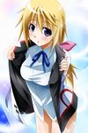  blonde_hair bottomless charlotte_dunois highres infinite_stratos long_hair purple_eyes solo sumeragi_tomo undressing uniform 