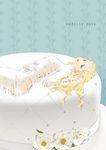  aqua_eyes blonde_hair flower food food_as_clothes icing in_food original oversized_object solo surreal tako_ashin wedding_cake 