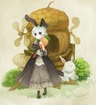  absurdres acorn animal_ears bad_id bad_pixiv_id blue_eyes boots bunny bunny_ears buttons carrot doll_hug dress grass hebino_(snake_nest) highres petticoat plant purple_eyes short_hair solo standing stuffed_animal stuffed_bunny stuffed_toy themed_object trickster windmill 