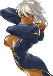  breasts brown_eyes cleavage dark_skin gus_(clarkii) hood hood_down hoodie large_breasts lips long_hair original silver_hair simple_background solo 