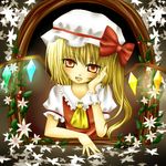  ascot blonde_hair bow chin_rest fang flandre_scarlet flower harukaruha hat hat_bow leaf red_eyes short_hair side_ponytail solo touhou upper_body wings wrist_cuffs 