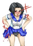  1girl black_hair erect_nipples female kobayakawa_rinko love_plus misokatsu_(cho-misokatu) red_eyes school_uniform short_hair simple_background skirt solo 