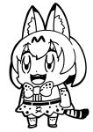  1girl :3 animal_ear_fluff animal_ears bangs bkub bow bowtie commentary elbow_gloves extra_ears eyebrows_visible_through_hair fangs full_body gloves greyscale highres kemono_friends monochrome open_mouth print_gloves print_legwear print_neckwear print_skirt serval_(kemono_friends) serval_ears serval_print serval_tail shirt short_hair simple_background skirt sleeveless sleeveless_shirt smile solo striped_tail tail thighhighs white_background 